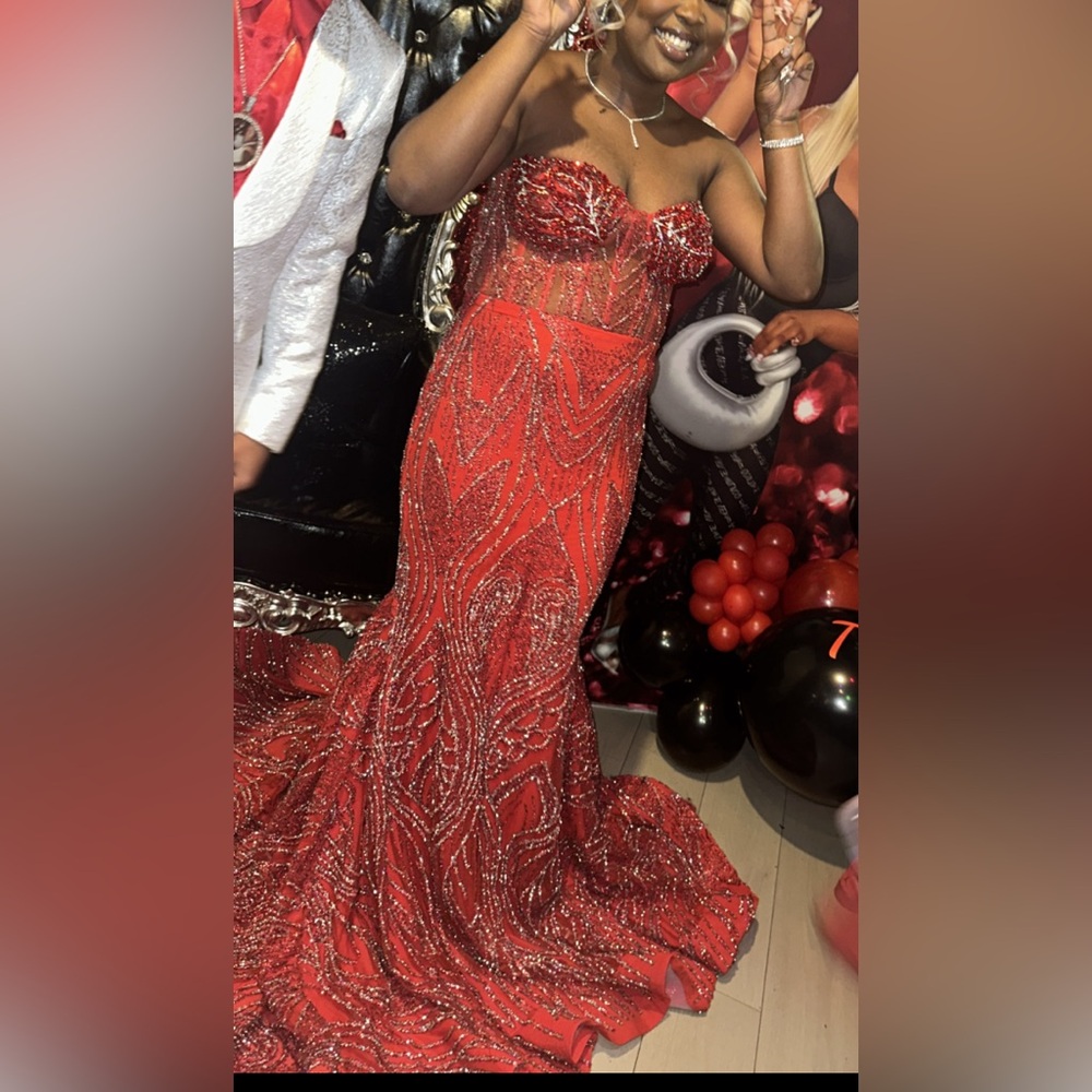 Elegant Red Beaded Strapless Prom Dress